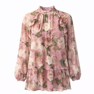 Bebop Pink Floral Ruffle Tie-Neck Tunic Blouse NWT M Sheer Spring Easter Top
